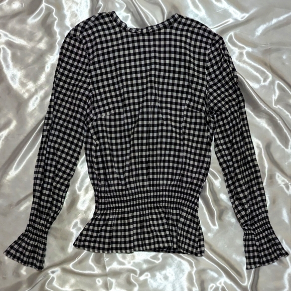 H&M Women's US Medium-Large Gingham Checkered Black/White Ruffled Peplum Blouse - Picture 3 of 8